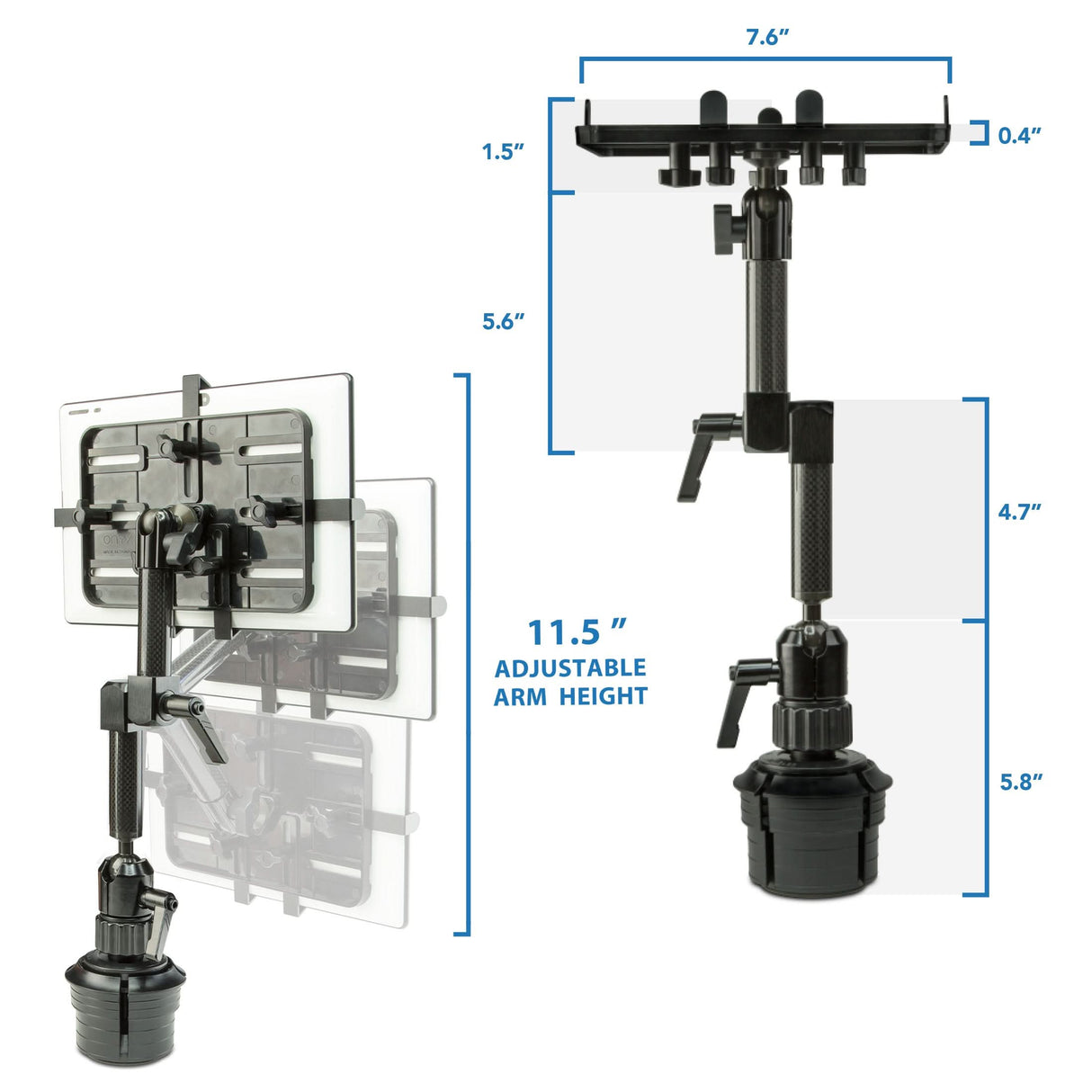 The Mount-It! Carbon Fiber Cup Holder Tablet ELD Mount features adjustable arms (5.8", 4.7", 1.5"), fits tablets 7.6" wide, 0.4" thick, and 5.6" tall, with an extendable arm up to 11.5". Shown holding a tablet in various positions for ELD compliance.