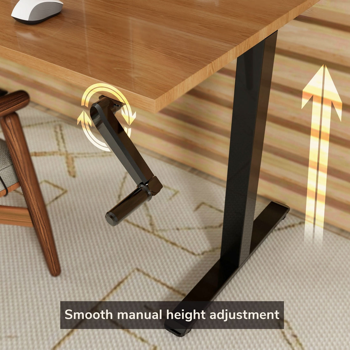 A close-up of the Mount-It! Standing Desk Frame with Hand Crank shows its black metal leg and manual crank for smooth height adjustment. Text on the image reads, "Smooth manual height adjustment.