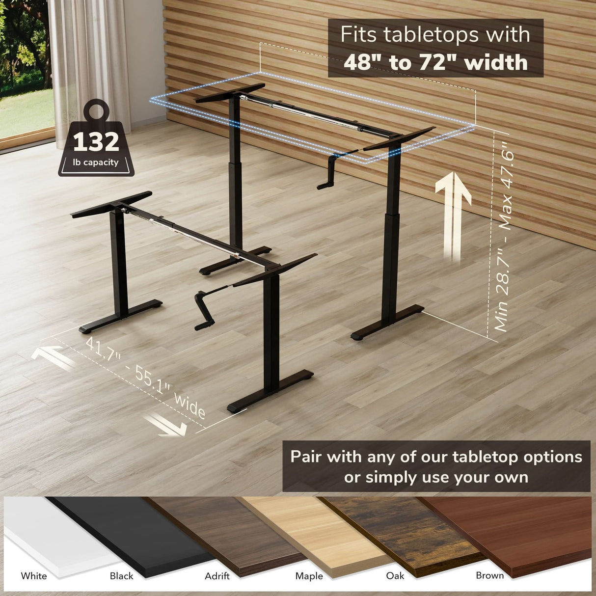 The Mount-It! Standing Desk Frame with Hand Crank fits 48–72" tabletops, adjusts 28.7–47.6" high, supports up to 132 lbs, and comes with six tabletop color options—ideal for use as a sit-stand desk on wood floors. Width adjustable: 41.7–55.1".