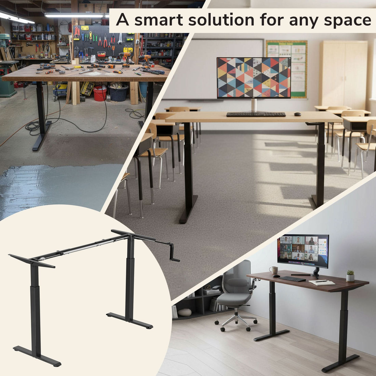 Collage featuring the Mount-It! Standing Desk Frame with Hand Crank in a woodshop, classroom, and home office. "A smart solution for any space" tops the image. Ideal as a sit-stand desk for versatile work needs.