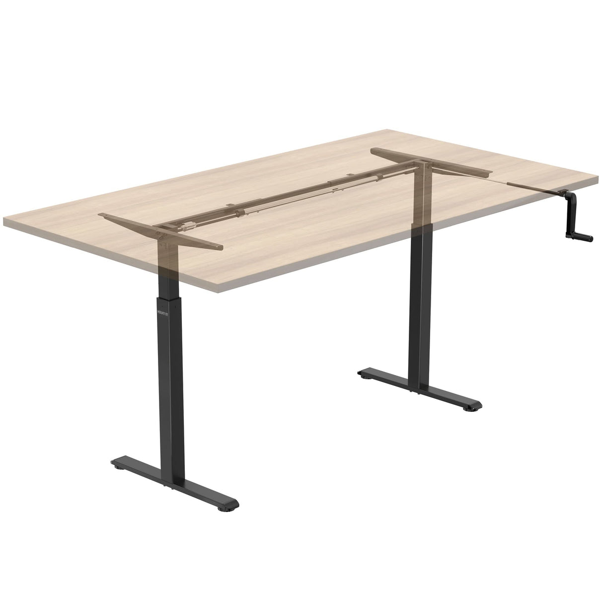 The Mount-It! Standing Desk Frame with Hand Crank features manual height adjustment and supports a rectangular wooden tabletop, creating a versatile sit-stand desk. The frame is partly overlaid by a transparent image of the tabletop.