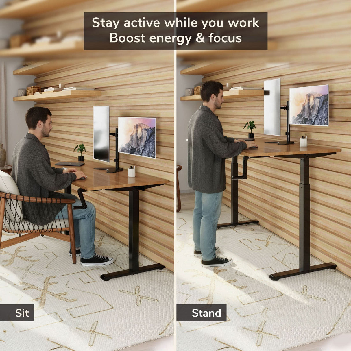 A man uses the Mount-It! Standing Desk Frame with Hand Crank in two side-by-side images: sitting on the left and standing on the right. Text reads, Stay active while you work. Boost energy & focus. Labels say Sit and Stand.