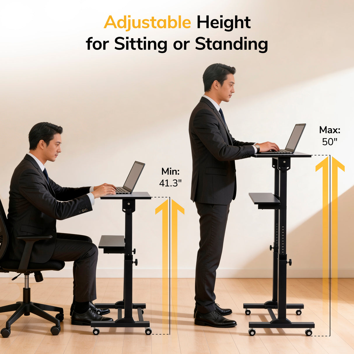A man in a suit uses the Mount-It! Mobile Lectern Stand Up Desk, adjusting it from 41.3" sitting to 50" standing. Text reads Adjustable Height for Sitting or Standing, highlighting this versatile sit-stand workstation.