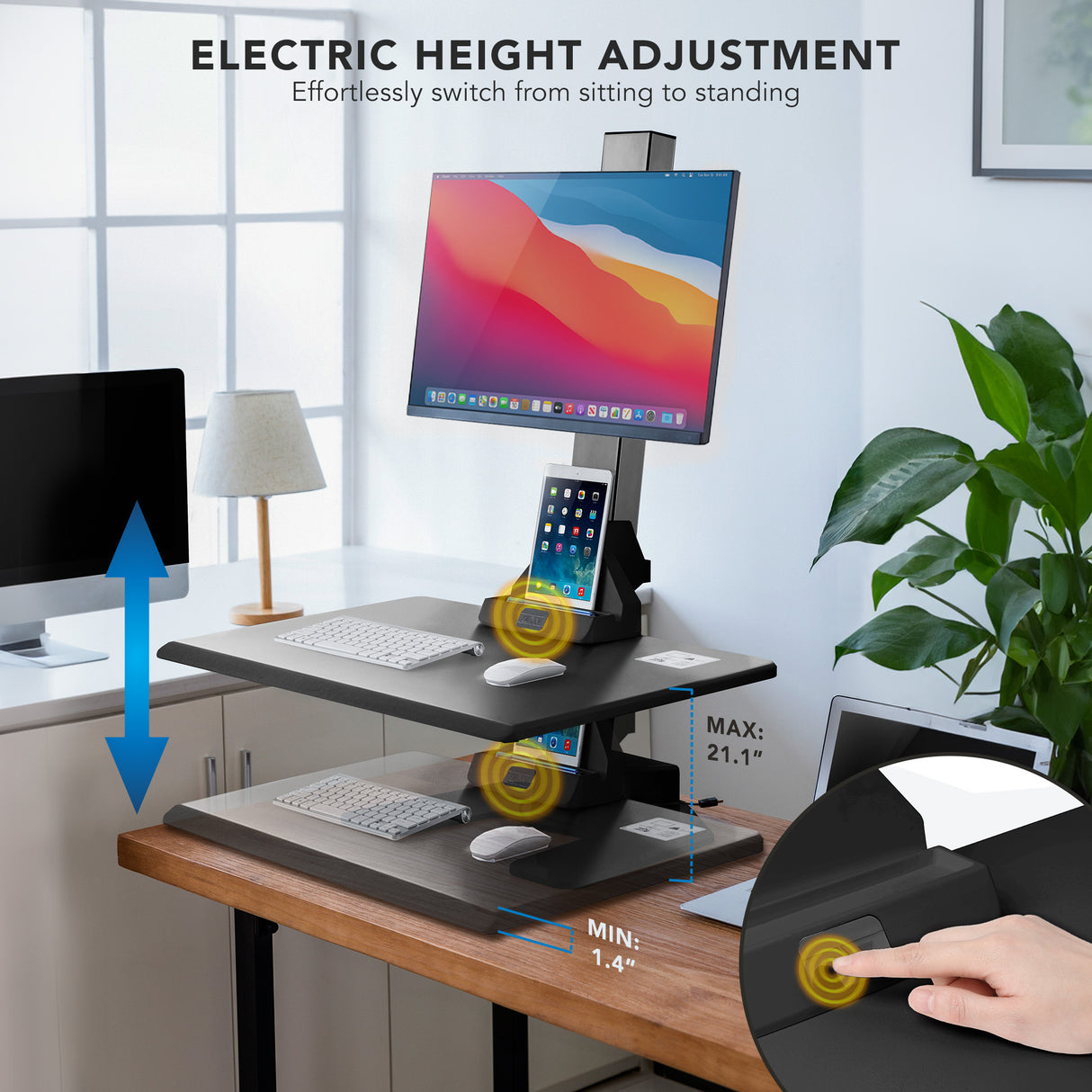 Electric Standing Desk Converter for 1 Monitor Electric height adjustable desk converter in a clean home office.