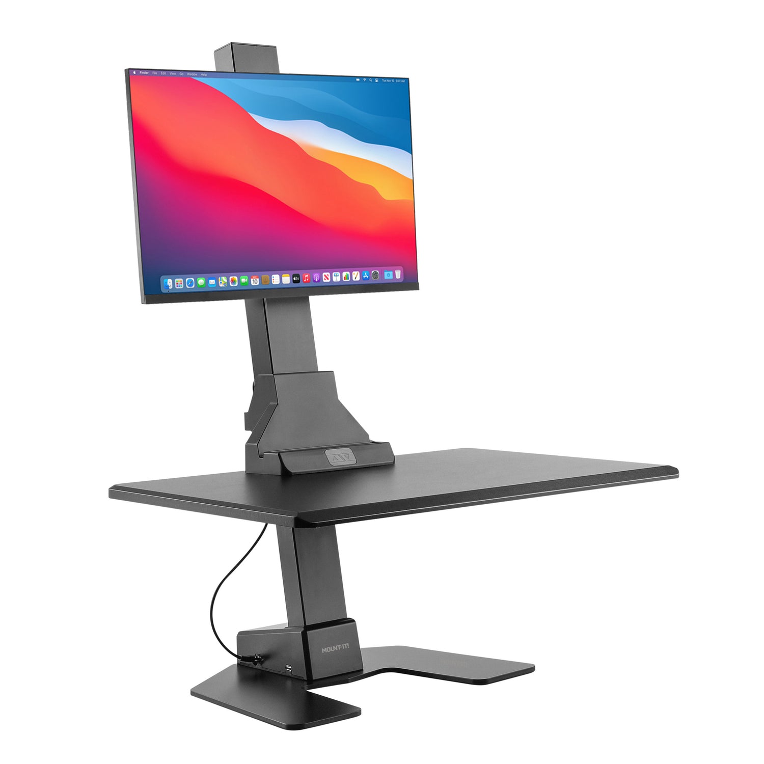 Black adjustable standing desk converter with a monitor on a white background
