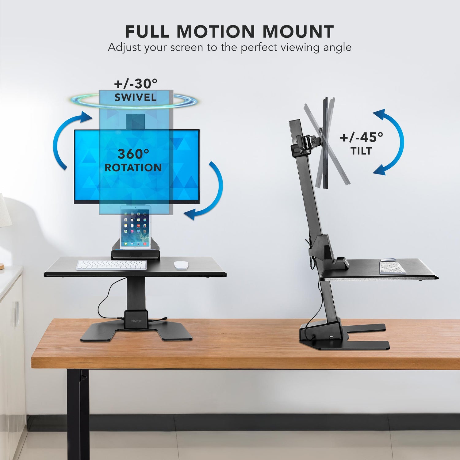Monitor desk converter with full motion features on a desk