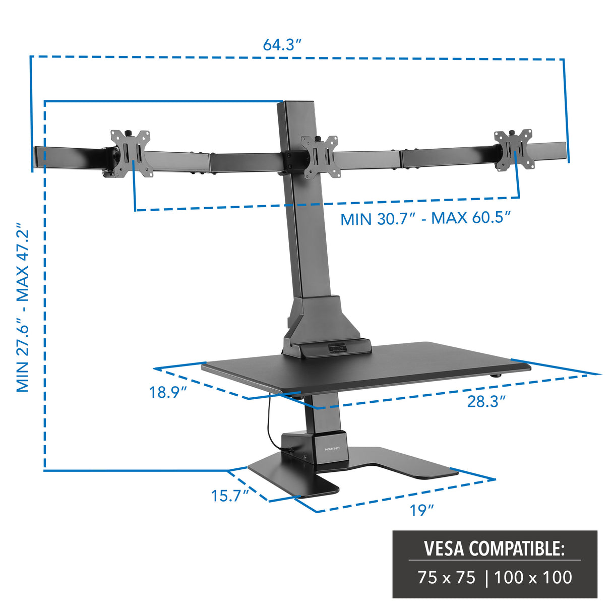 Electric Standing Desk Converter for 3 Monitors Electric Standing Desk Converter with dimensions and VESA compatibility on a white background
