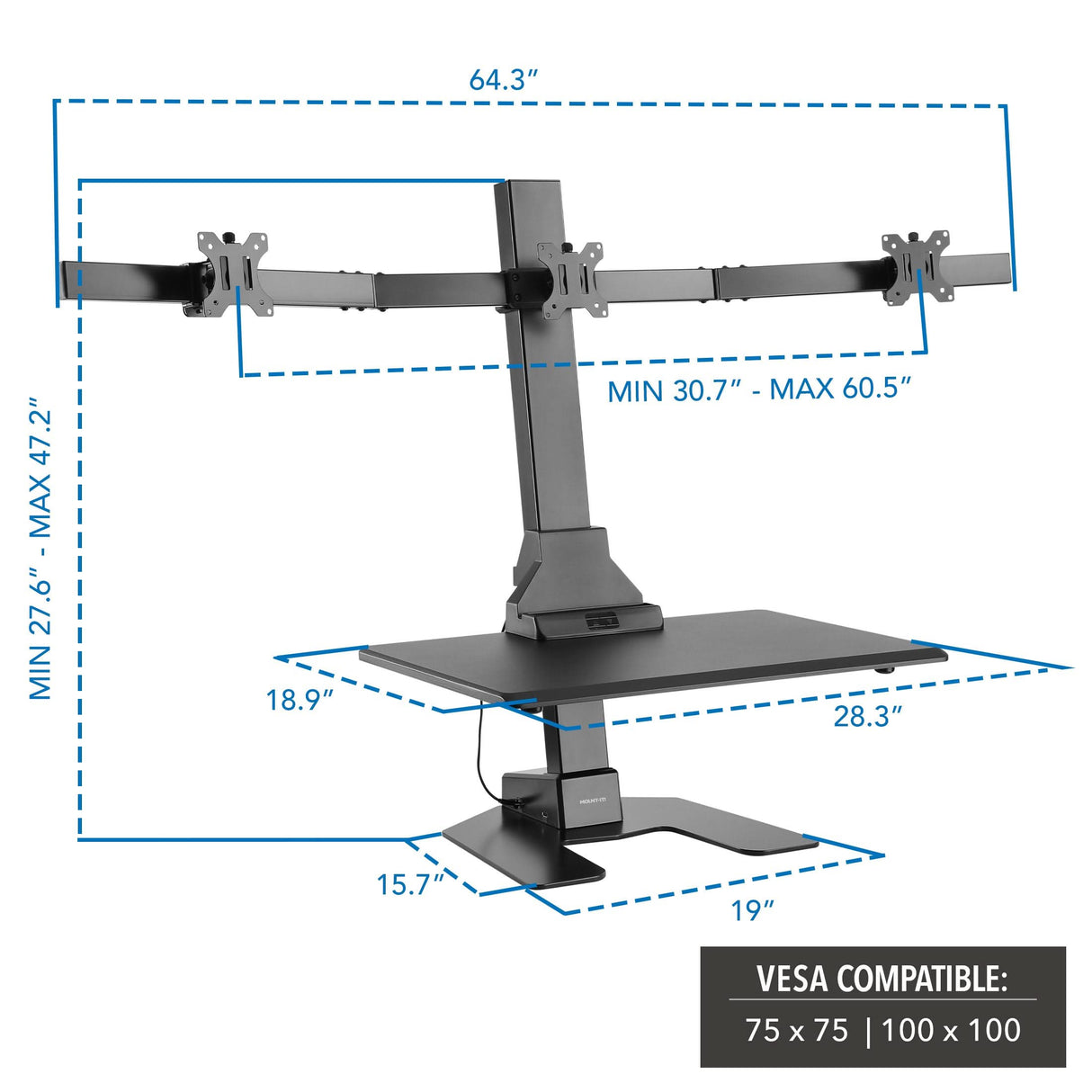 Electric Standing Desk Converter with dimensions and VESA compatibility on a white background
