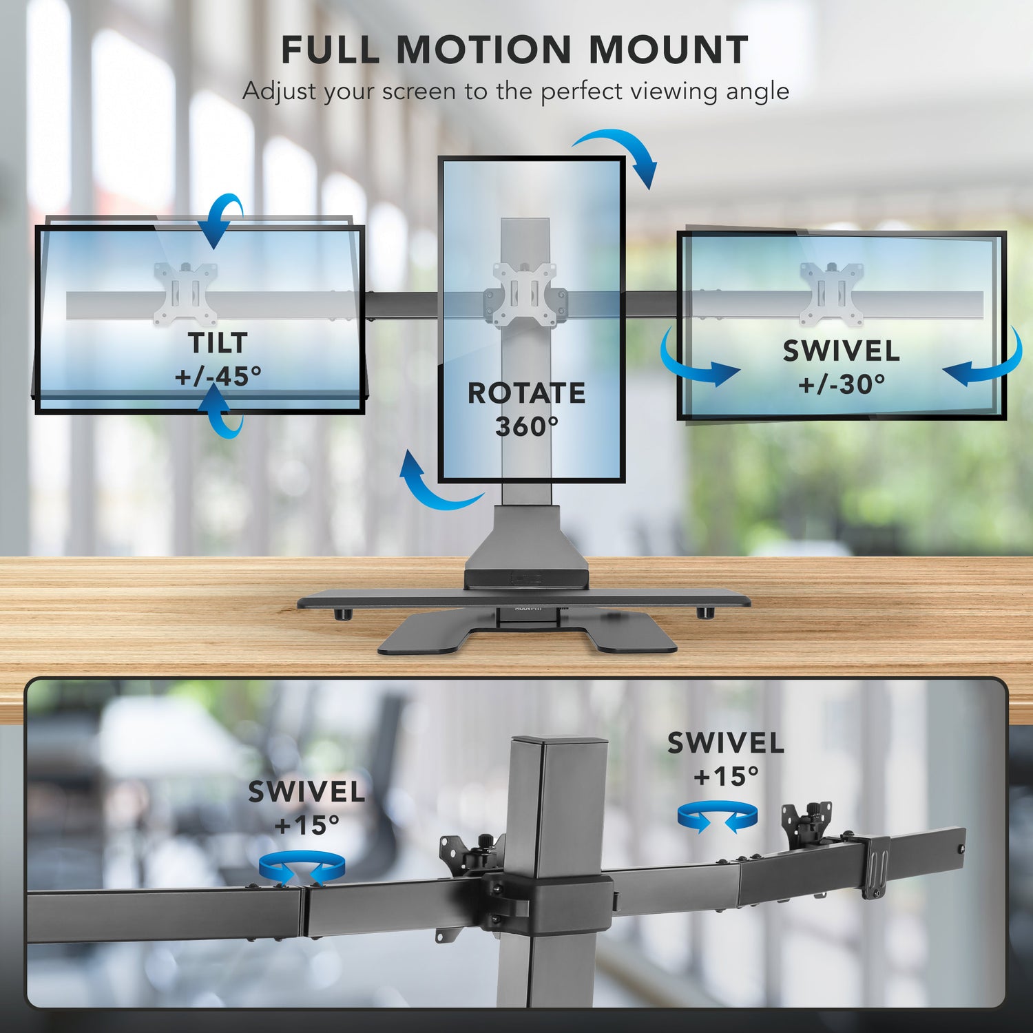 Monitor stand with full motion mount features on a blurred office background