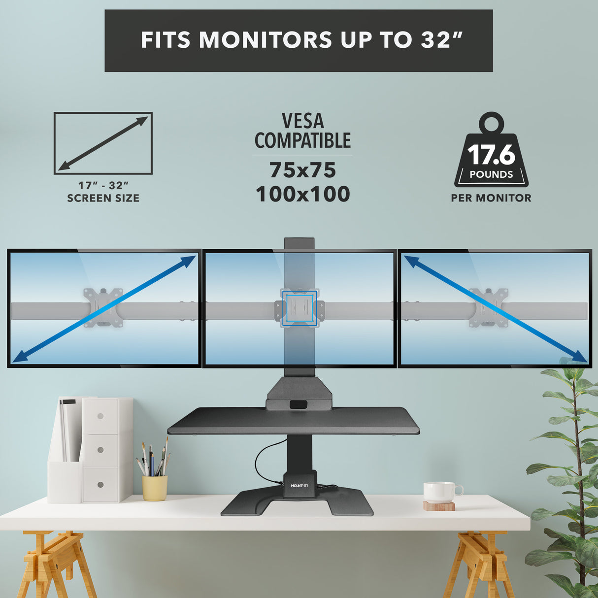 Electric Standing Desk Converter for 3 Monitors Electric Standing Desk Converter with VESA compatibility and weight information displayed on a light blue background.