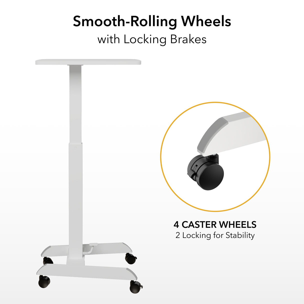 The Mount-It! Height Adjustable Rolling Laptop Desk features a white finish and four black caster wheels, two with locking brakes. Close-up inset shows a locking wheel. Text: “Smooth-Rolling Wheels with Locking Brakes. 4 caster wheels.”.