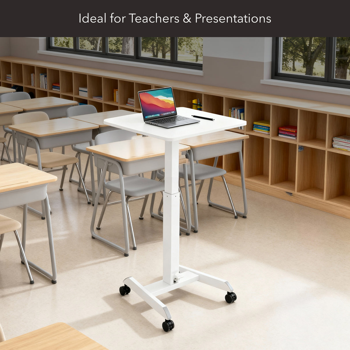 The Mount-It! Height Adjustable Rolling Laptop Desk, shown in a classroom with empty desks and bookshelves, features a white design with laptop and pen on top. Text above reads: Ideal for Teachers & Presentations.