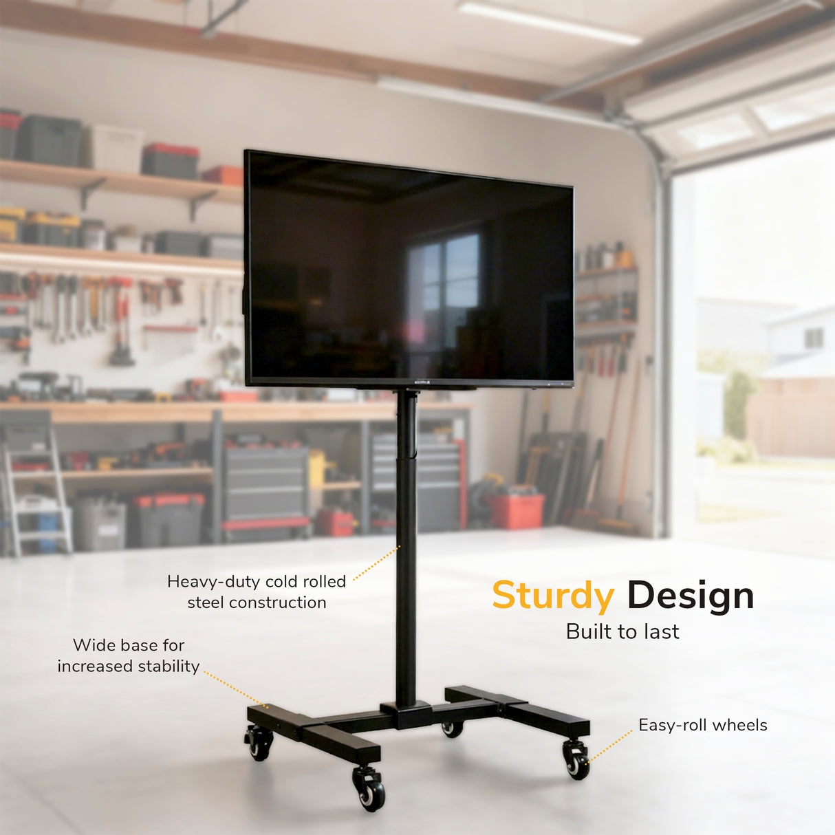 The Mount-It! Adjustable Mobile TV Stand is featured in a garage workshop with a mounted flat-screen TV. Labels show heavy-duty steel, locking casters, and easy-roll wheels. Text: Sturdy Design. Built to last.