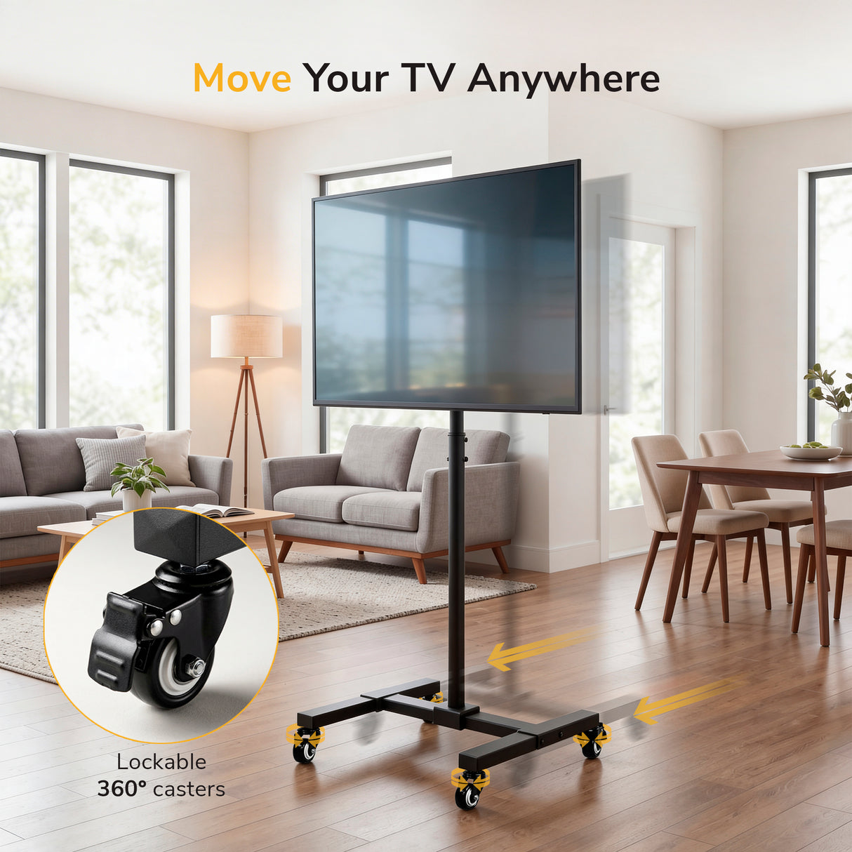 A Mount-It! Adjustable Mobile TV Stand supports a flat-screen TV in a modern living room. Text says, Move Your TV Anywhere. A close-up highlights the stand’s smooth-rolling locking casters and arrows show its easy mobility.