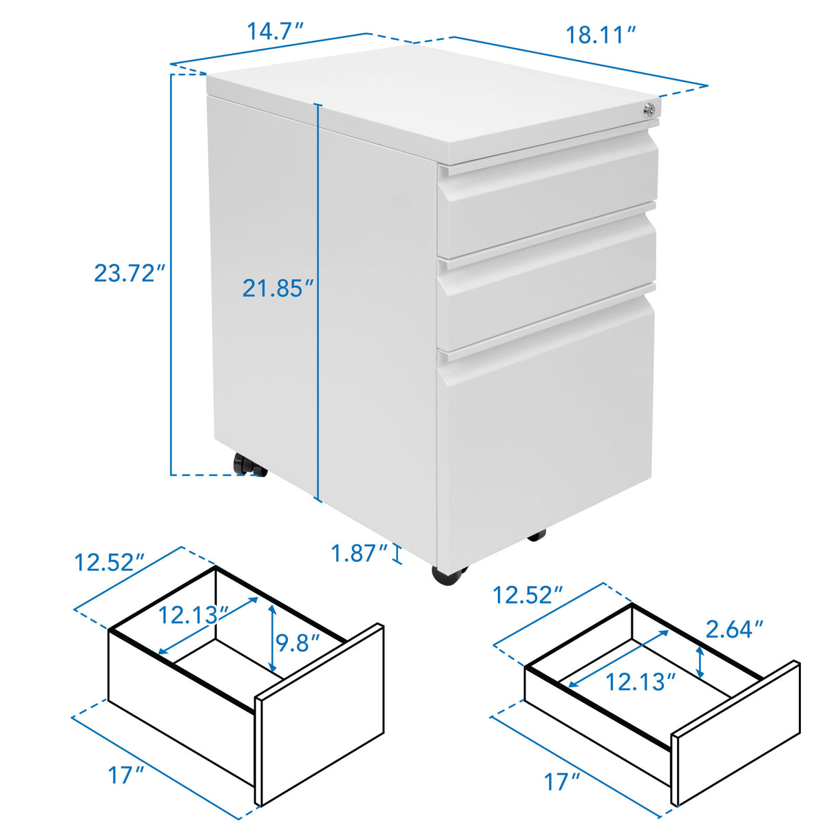The Mount-It! Mobile File Cabinet with 3 Drawers measures 23.72"H x 14.7"W x 18.11"D—ideal for under-desk storage and organizing your workspace. Drawer dimensions are shown for your convenience.