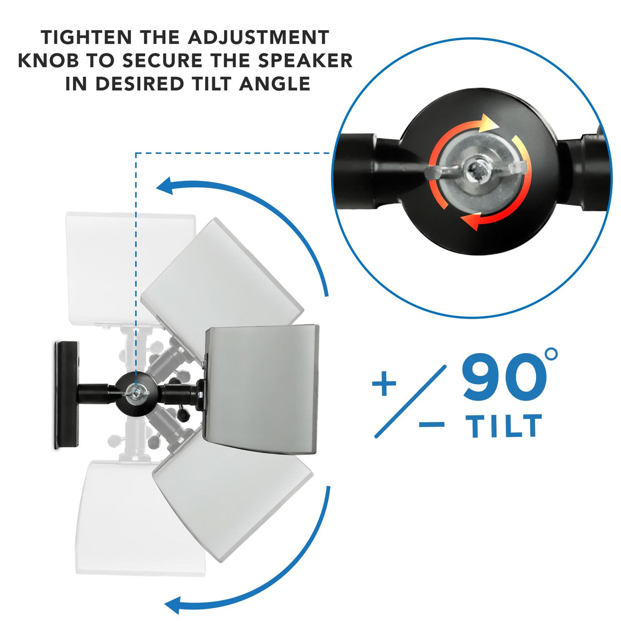 Diagram illustrating the Mount-It! Heavy Duty Universal Speaker Mounts for Walls/Ceiling—Black. Overhead view shows the tilt mechanism and adjustment knob, letting you secure speakers at any angle up to 90°. Tighten the knob to lock position.