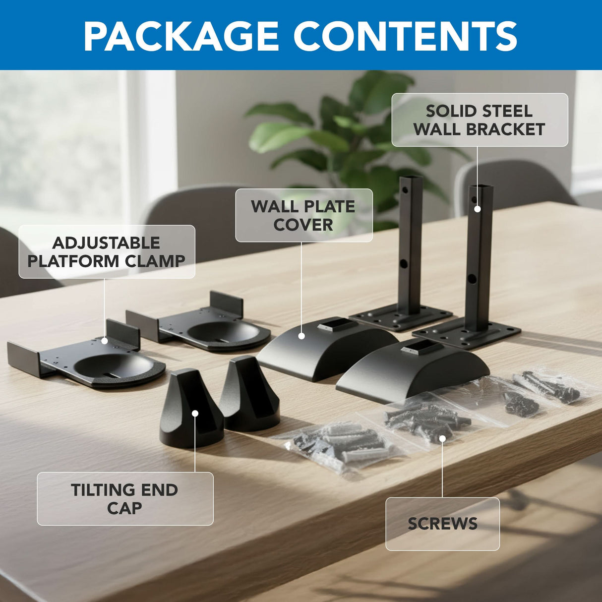 The Mount-It! Speaker Wall Mounts w/ Sliding Clamps (pair) tabletop display shows labeled contents: adjustable mounts, tilting end caps, wall plate covers, solid steel brackets, and several screw bags.