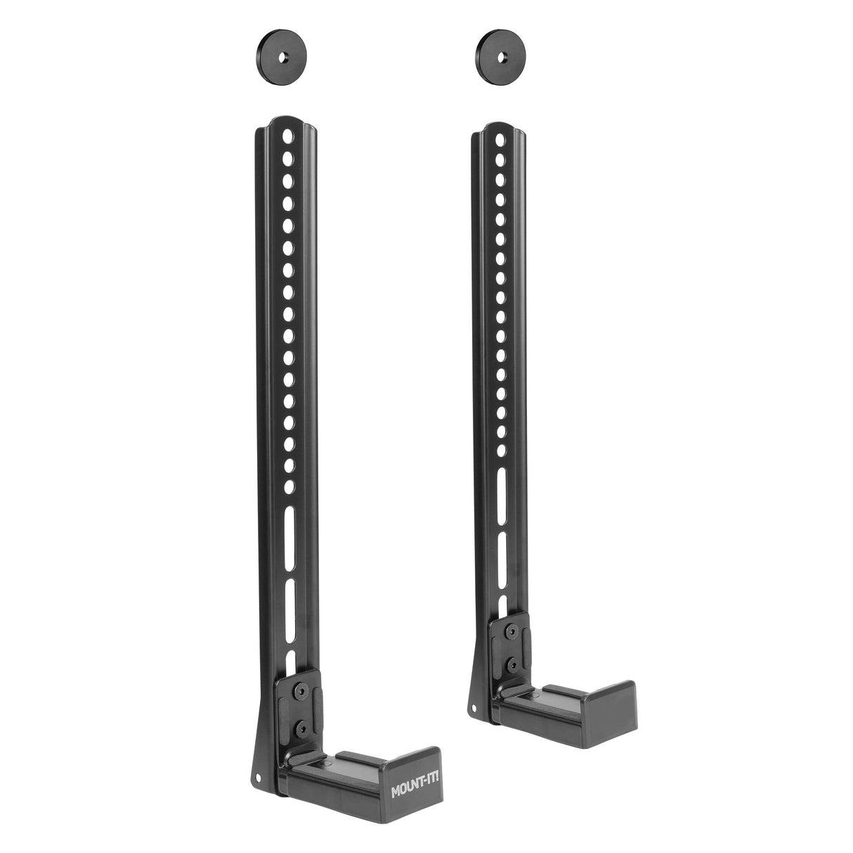 Universal Soundbar Mount Brackets for TV and Wall Installation Pair of black Universal Soundbar Mount Brackets for TV and Wall Installation by Mount-It! made of durable alloy steel, featuring multiple holes for adjustable height and fit, designed to securely hold soundbars between 3.5 and 6.1 inches deep, compatible with standard VESA patterns for versatile mounting options on TV or wall, providing stable support and enhanced audio integration.