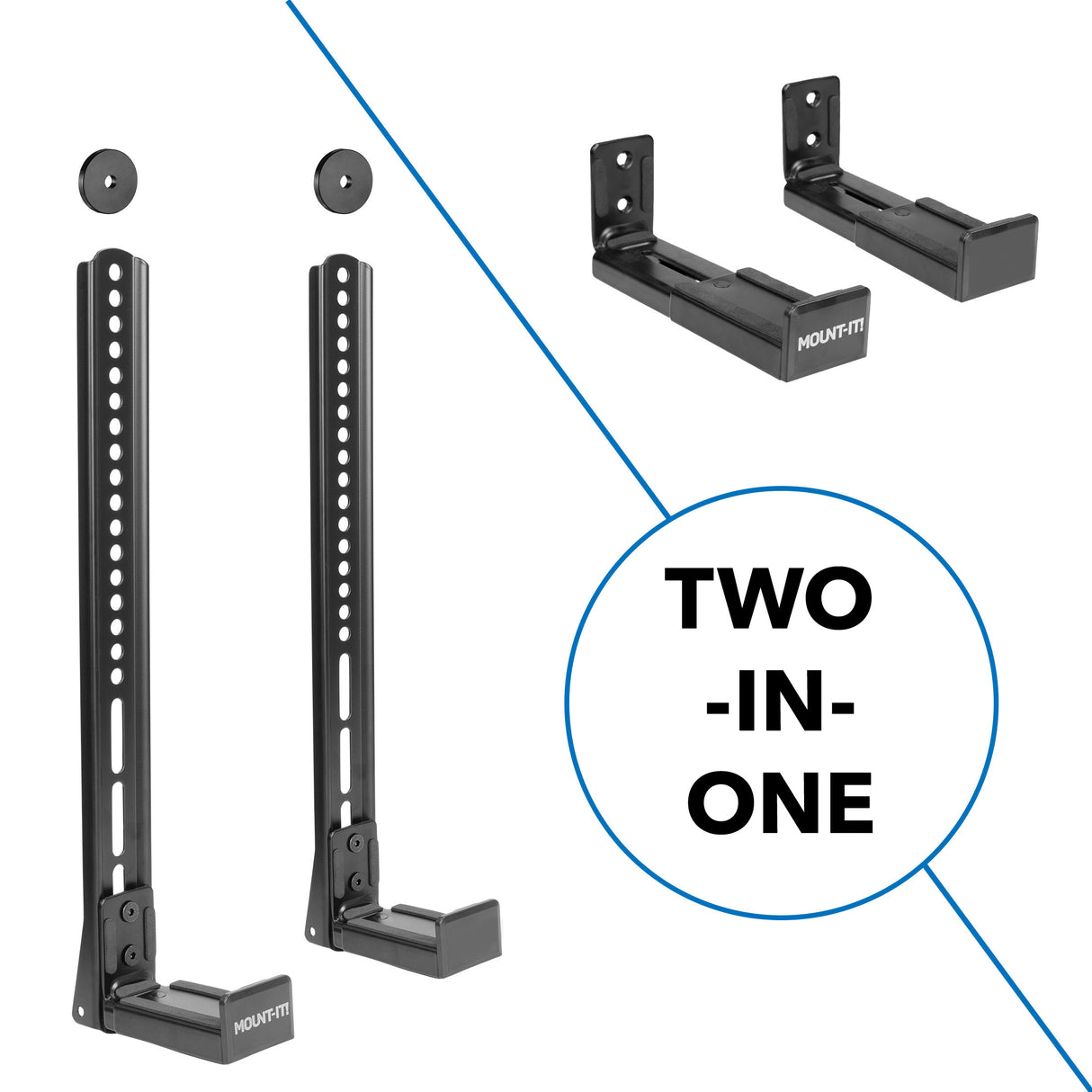 Universal Soundbar Mount Brackets for TV and Wall Installation Universal Soundbar Mount Brackets for TV and Wall Installation showing two black alloy steel brackets with adjustable arms designed to fit sound bars 3.5 to 6.1 inches deep, featuring multiple mounting options including wall mount and TV back mount for optimal sound placement and swivel adjustment, highlighting the versatile two-in-one design by Mount-It! for enhanced audio integration and compatibility with standard VESA patterns.
