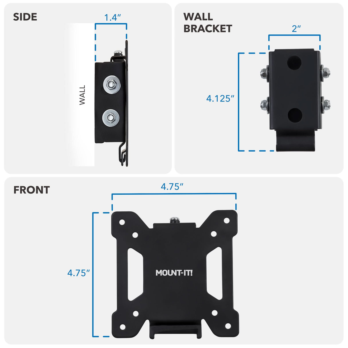 Three labeled diagrams show the Mount-It! Tilting TV Wall Mount. Side view: bracket extends 1.4 inches from the wall for a low-profile setup. Front view: bracket is a 4.75-inch square, branded with Mount-It!.