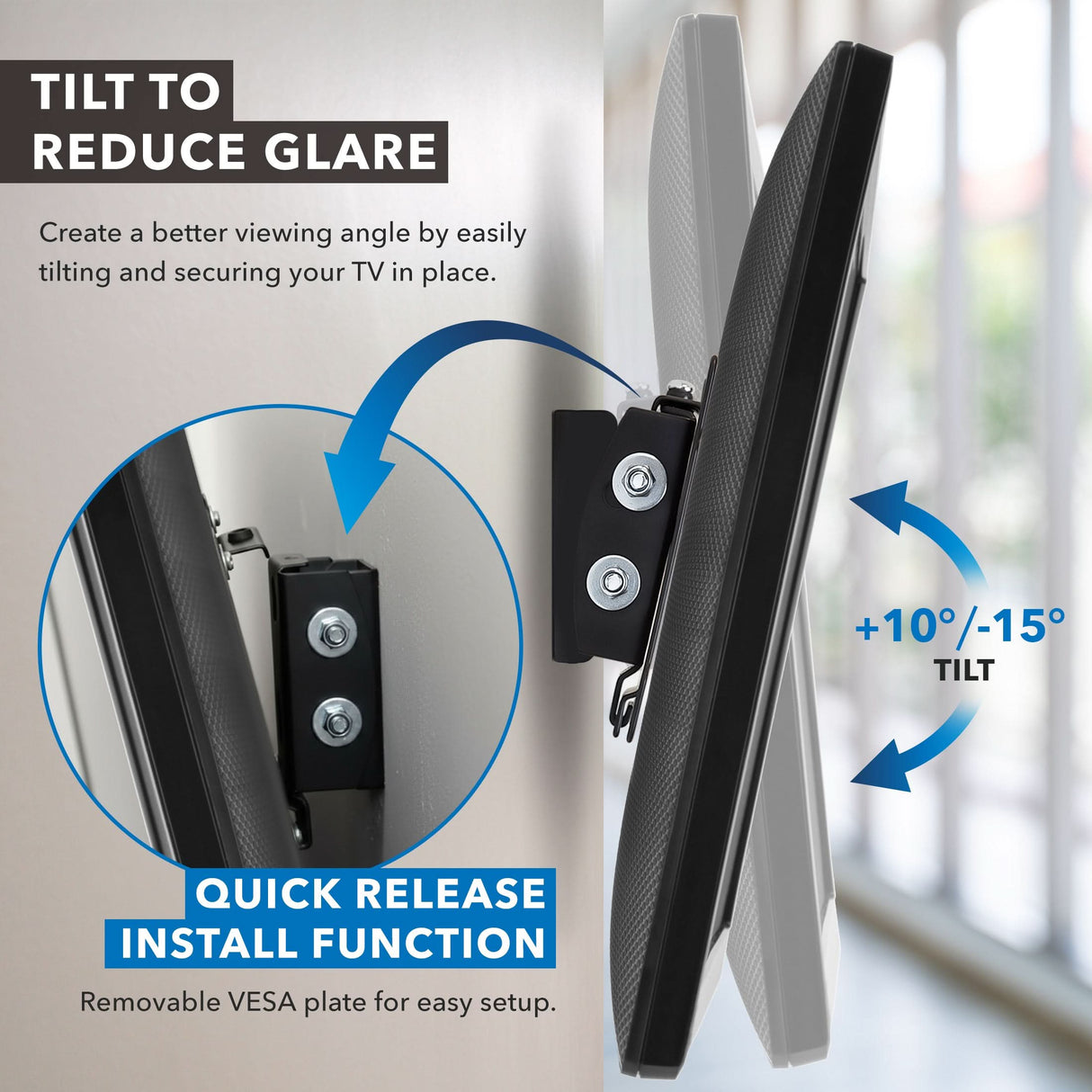Close-up of the Mount-It! Tilting TV Wall Mount showing +10° to -15° tilt to reduce glare. Text highlights quick release install and removable VESA plate for easy setup.