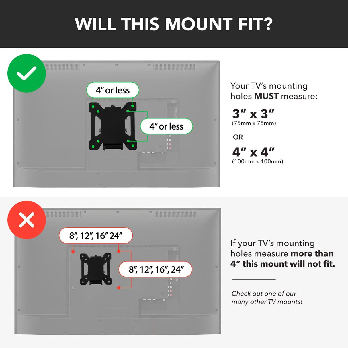 Graphic showing wall mount guidelines: A green check marks the Mount-It! Tilting TV Wall Mount with holes 4 inches or less apart (3x3 or 4x4). A red X marks mounts with holes over 4 inches apart, indicating they won’t fit.