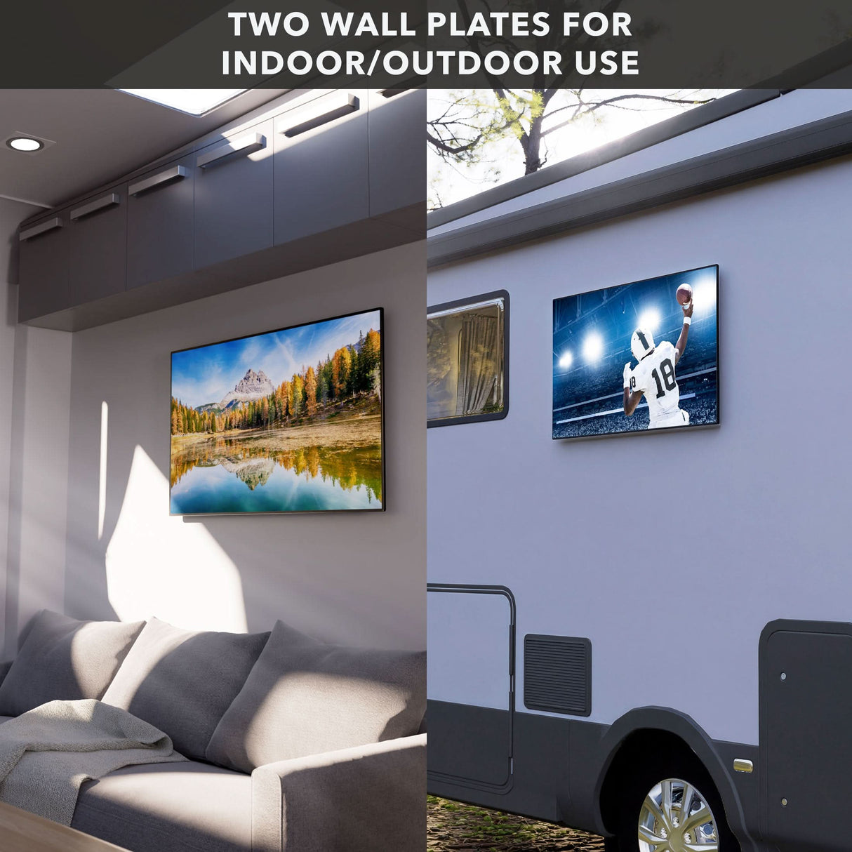 Anti-Rust RV TV Wall Mount split image showing the TV mounted outside and inside of an RV