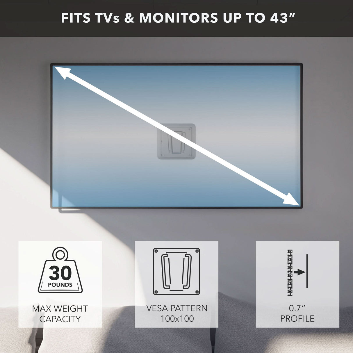 Anti-Rust RV TV Wall Mount fits displays up to 43 inches and 30 lbs