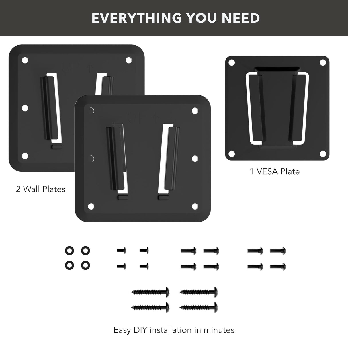 Anti-Rust RV TV Wall Mount package contents 2 wall plates, 1 vesa plate, hardware kit