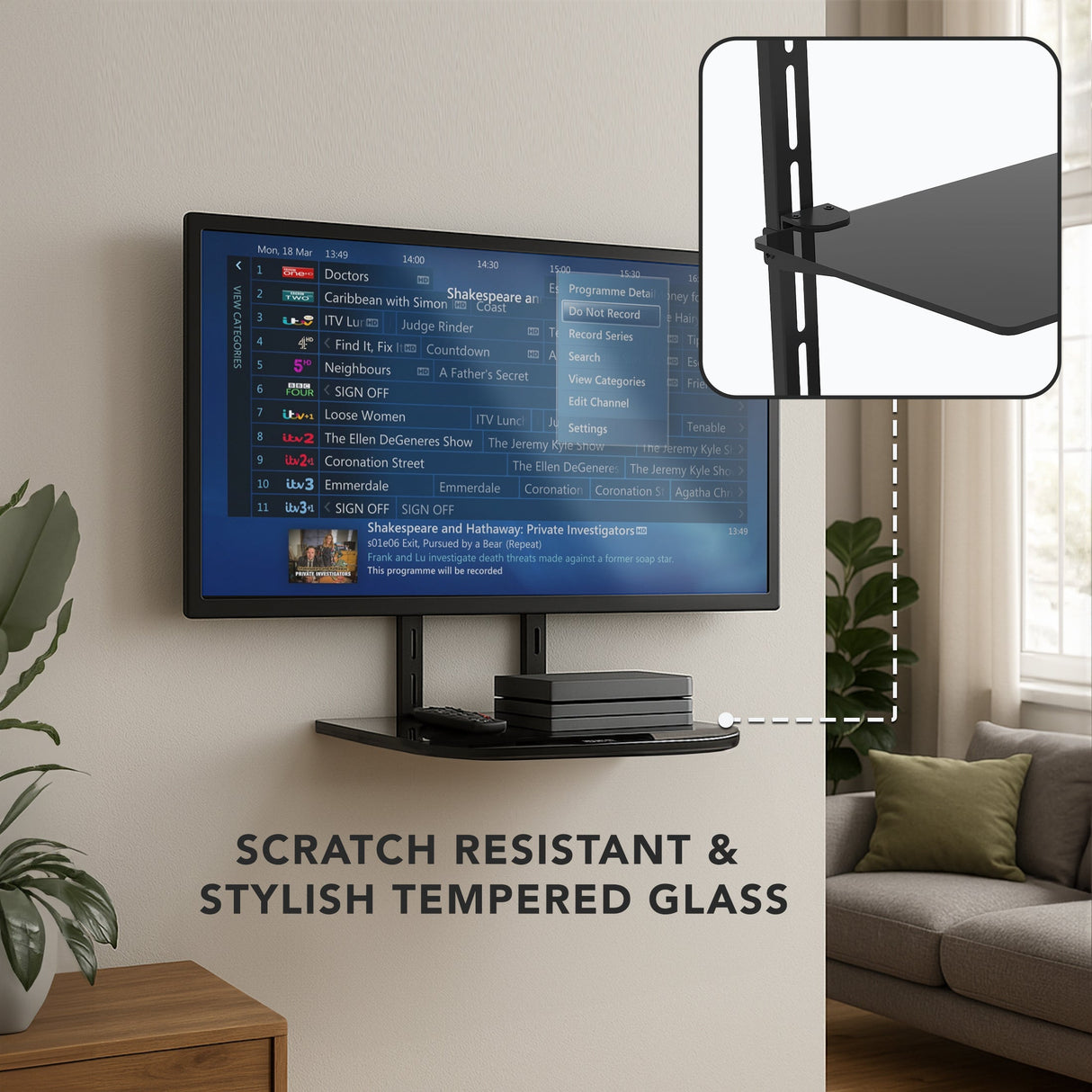 AV Component Shelf For Wall Mounted TV | 1 Tempered Glass Shelf Component Shelves - AV Component Shelf For Wall Mounted TV | 1 Tempered Glass Shelf - Mount-It! - MI-8401