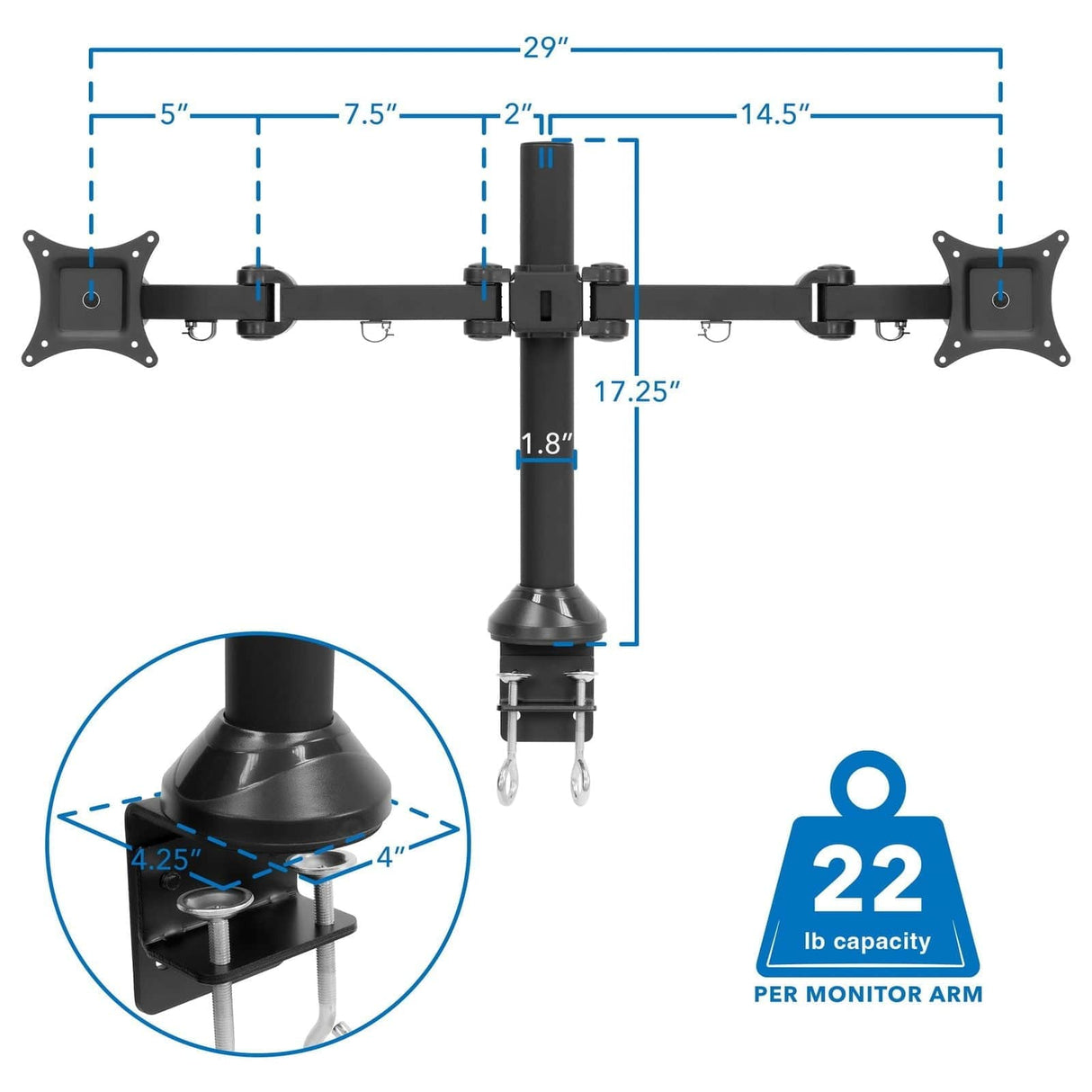 Dual Monitor Desk Mount for 13-27 Inch Screens Black Monitor Mount - Dual Monitor Desk Mount for 13-27 Inch Screens - Mount-It! - MI-752