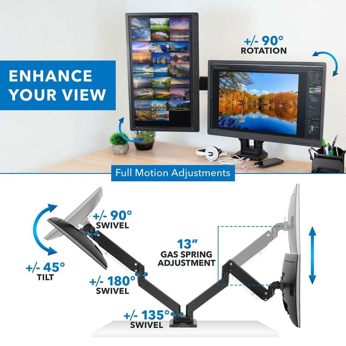 Dual Monitor Desk Mount w/ USB & Multimedia Ports Black Monitor Mount - Dual Monitor Desk Mount w/ USB & Multimedia Ports - Mount-It! - MI-4772