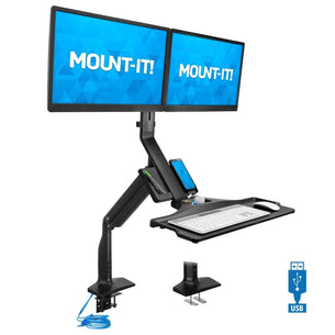 Black Desk Converters - Dual Monitor Sit Stand Desk Mount with USB 3.0 Ports - Mount-It! - MI-7984 Black Desk Converters - Dual Monitor Sit Stand Desk Mount with USB 3.0 Ports - Mount-It! - MI-7984