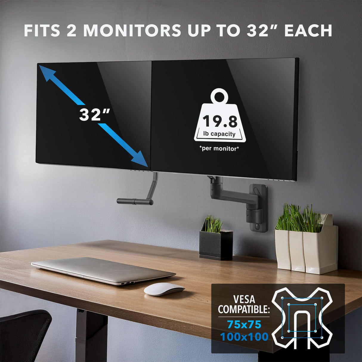 Black Monitor Mount - Dual Monitor Wall Mount with Gas Spring Arm and Crossbar - Mount-It! - MI-12010