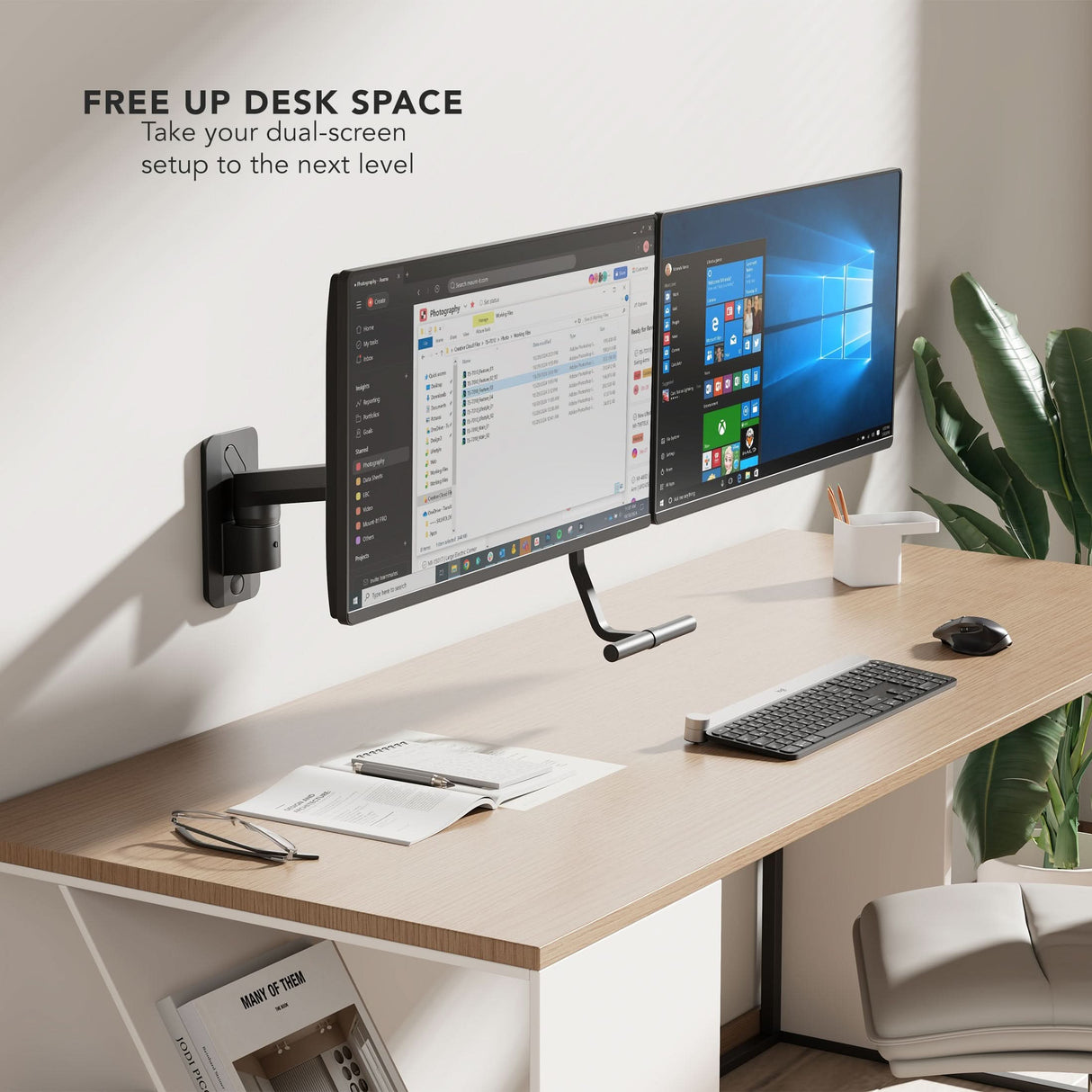 Black Monitor Mount - Dual Monitor Wall Mount with Gas Spring Arm and Crossbar - Mount-It! - MI-12010