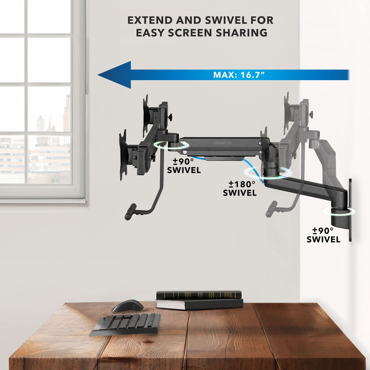 Black Monitor Mount - Dual Monitor Wall Mount with Gas Spring Arm and Crossbar - Mount-It! - MI-12010