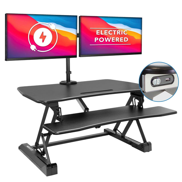 Black Desk Converters - Electric Sit-Stand Desk Converter with Dual Monitor Mount - Mount-It! - MI-8053