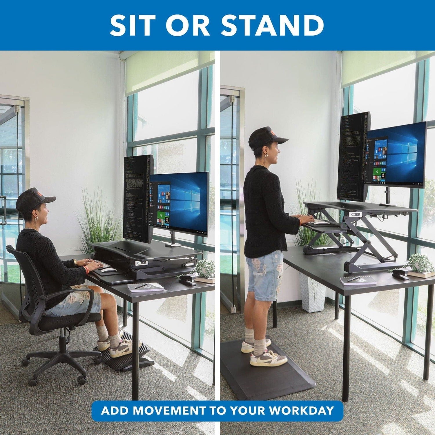 Black Desk Converters - Electric Sit-Stand Desk Converter with Dual Monitor Mount - Mount-It! - MI-8053