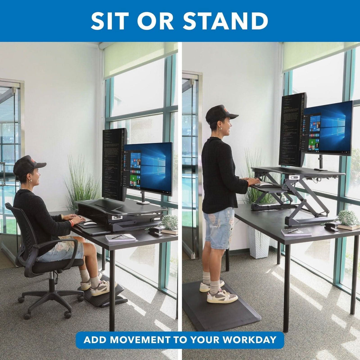 Black Desk Converters - Electric Sit-Stand Desk Converter with Dual Monitor Mount - Mount-It! - MI-8053