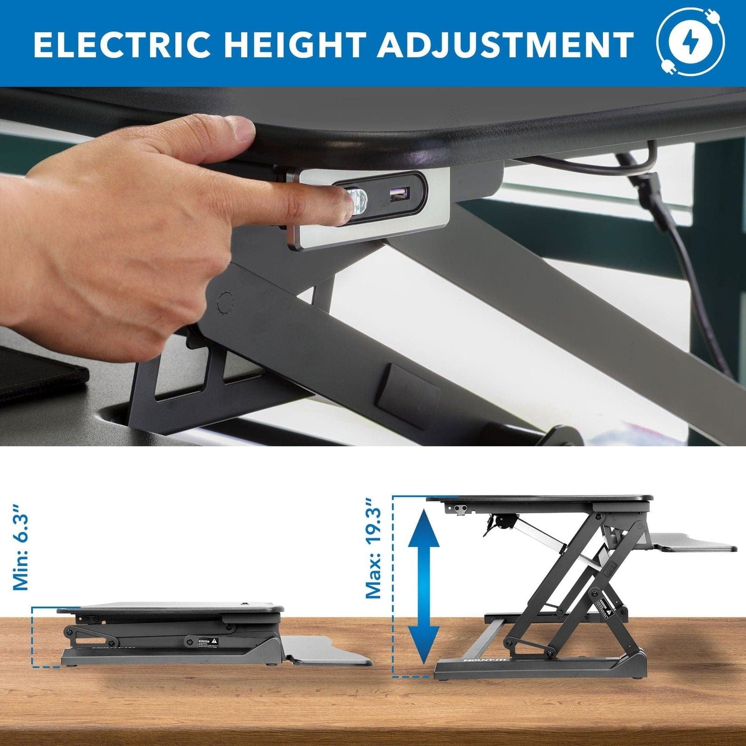 Black Desk Converters - Electric Sit-Stand Desk Converter with Dual Monitor Mount - Mount-It! - MI-8053