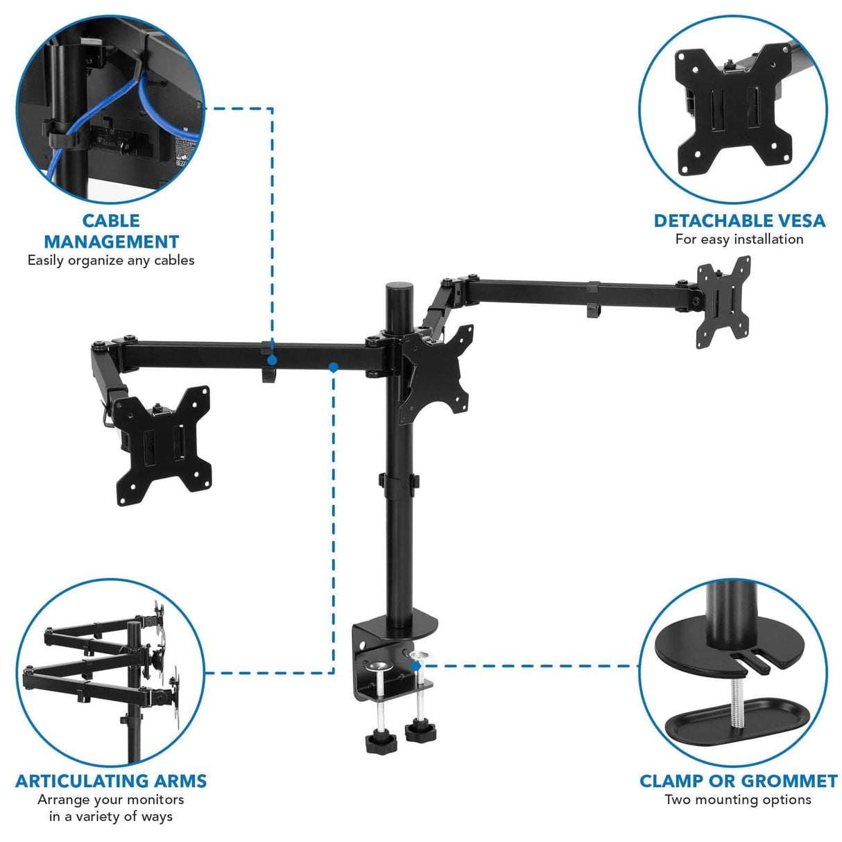Full Motion Triple Monitor Desk Mount | 24" to 32" Monitors Black Monitor Mount - Full Motion Triple Monitor Desk Mount | 24" to 32" Monitors - Mount-It! - MI-753XL