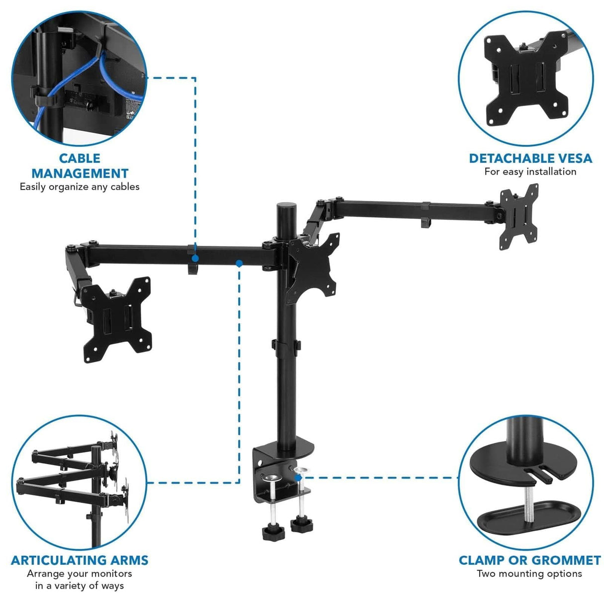 Black Monitor Mount - Full Motion Triple Monitor Desk Mount | 24" to 32" Monitors - Mount-It! - MI-753XL