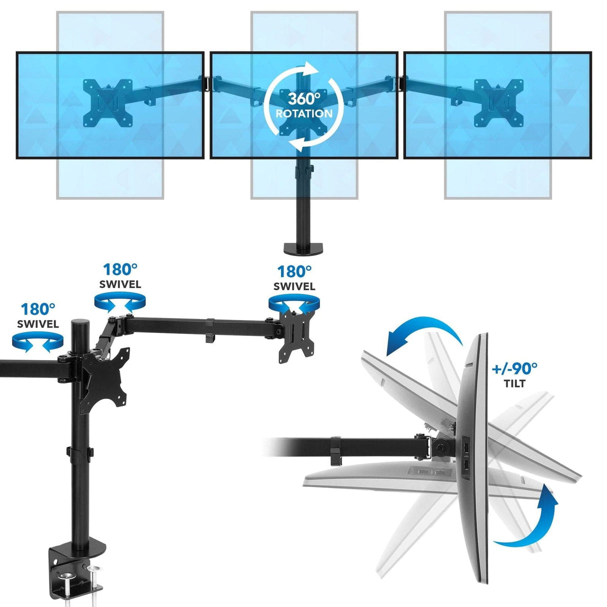 Full Motion Triple Monitor Desk Mount | 24" to 32" Monitors Black Monitor Mount - Full Motion Triple Monitor Desk Mount | 24" to 32" Monitors - Mount-It! - MI-753XL