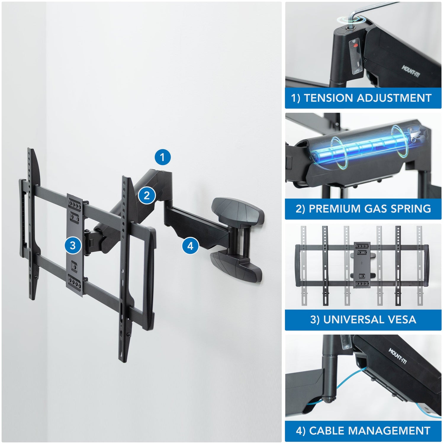 Black TV Mount - Full Motion TV Wall Mount with Gas Spring Arm - Mount-It! - MI-445