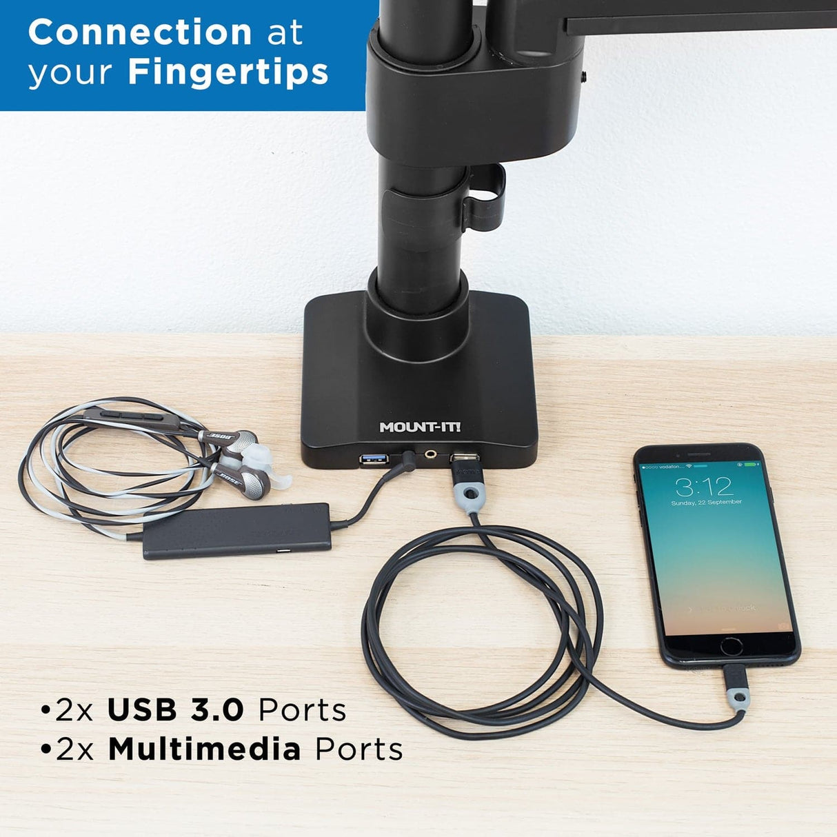 Heavy Duty Monitor Desk Mount w/ USB & Multimedia Ports Black Monitor Mount - Heavy Duty Monitor Desk Mount w/ USB & Multimedia Ports - Mount-It! - MI-4771