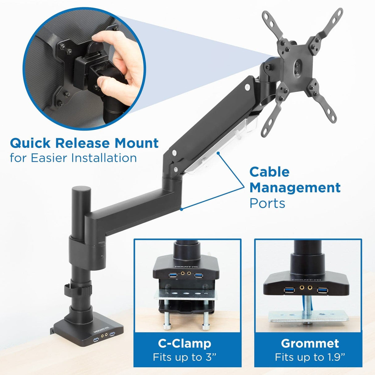Heavy Duty Monitor Desk Mount w/ USB & Multimedia Ports Black Monitor Mount - Heavy Duty Monitor Desk Mount w/ USB & Multimedia Ports - Mount-It! - MI-4771