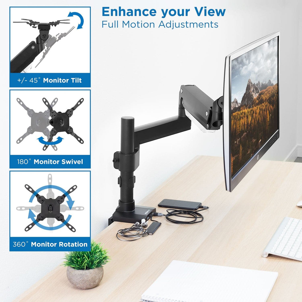 Heavy Duty Monitor Desk Mount w/ USB & Multimedia Ports Black Monitor Mount - Heavy Duty Monitor Desk Mount w/ USB & Multimedia Ports - Mount-It! - MI-4771