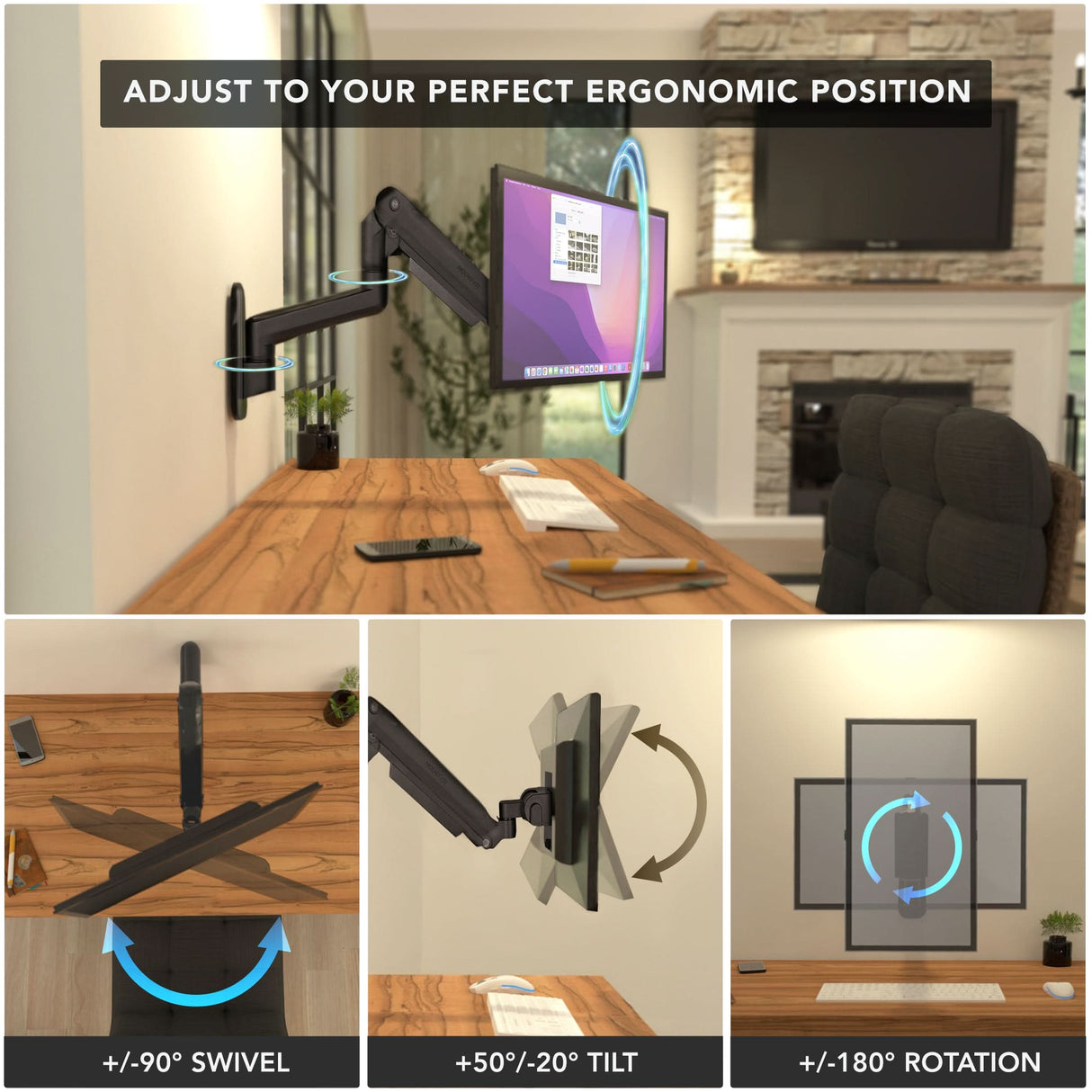 Black Monitor Mount - Heavy-Duty Monitor Wall Mount with Gas Spring Arm - Mount-It! - MI-12009