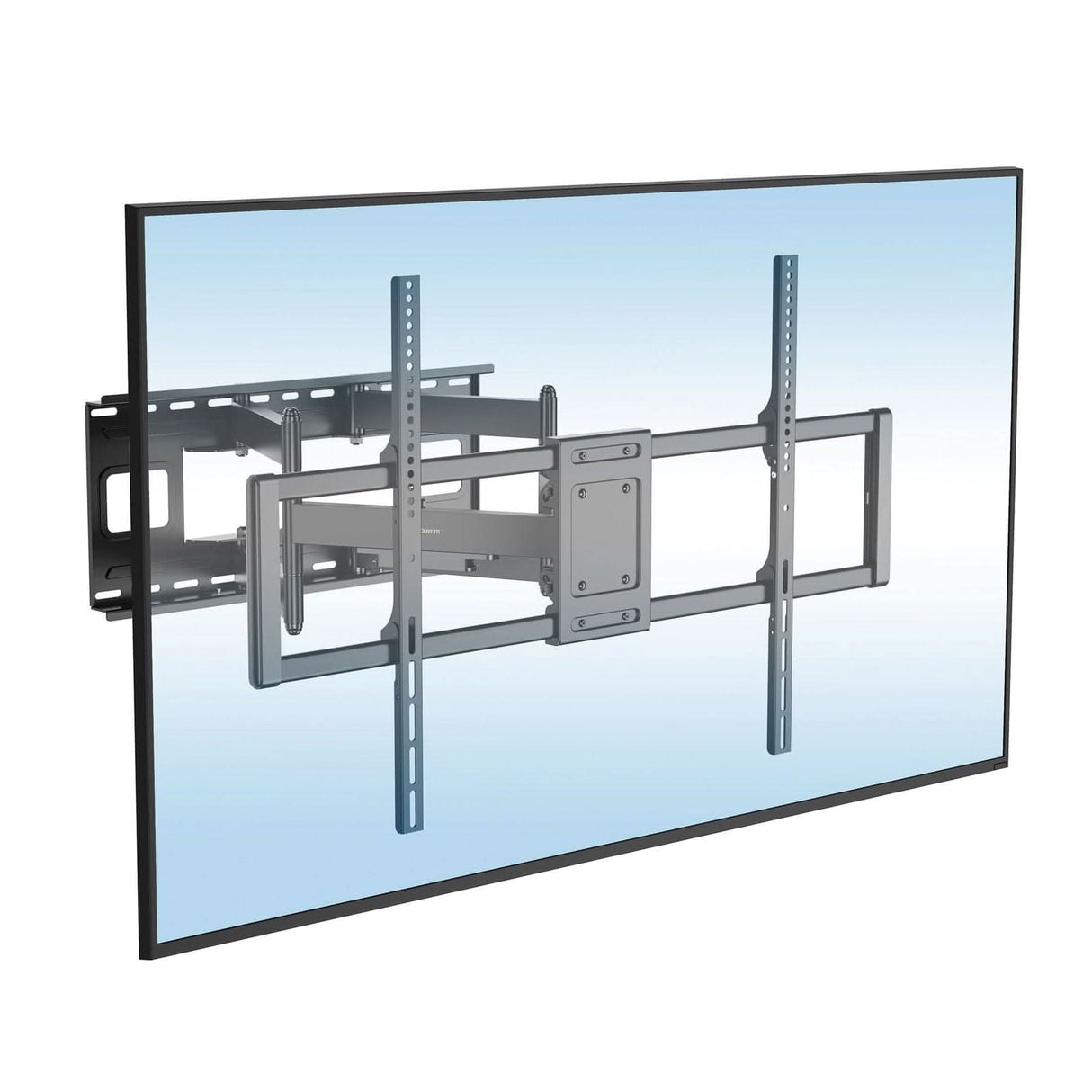 A flat-screen TV is mounted on the Mount-It! Heavy Duty Full Motion TV Wall Mount in black, with adjustable arms, set against a light blue gradient background.