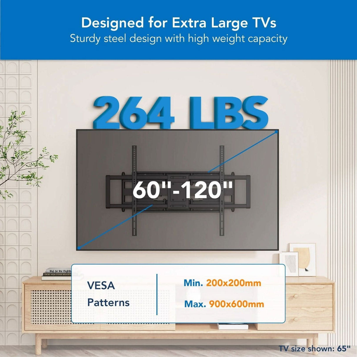The Mount-It! Heavy Duty Full Motion TV Wall Mount supports 60-120 inch TVs up to 264 lbs, with VESA from 200x200mm to 900x600mm. Shown with a 65-inch TV, it's ideal for those wanting an extra large wall mount solution.